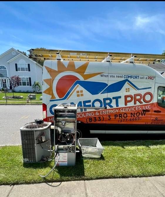 Comfort Pro van with new AC equipment staged at a Cape May County job site